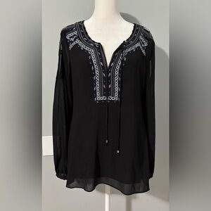 White House Black Market Embroidered Black Sheer Tunic Blouse Size 8